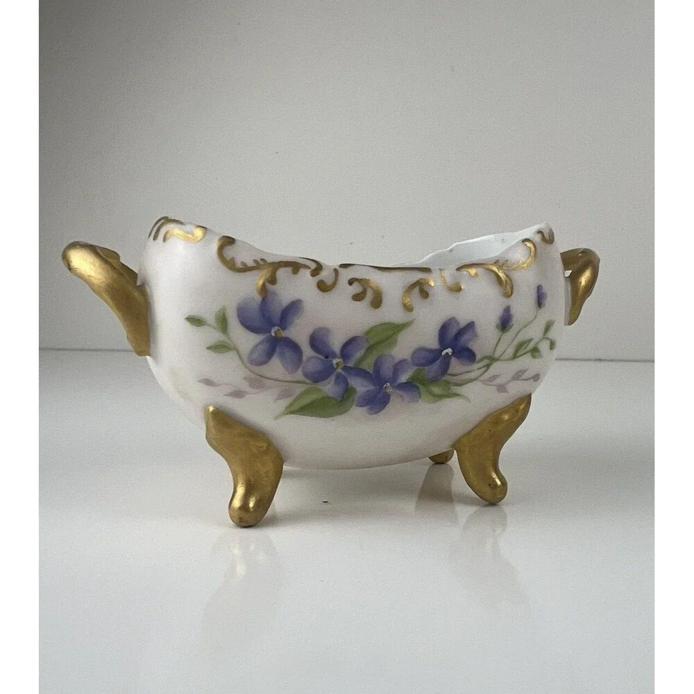 Vintage Porcelain Sugar Bowl Purple Flowers White China Handpainted Marked HW 96